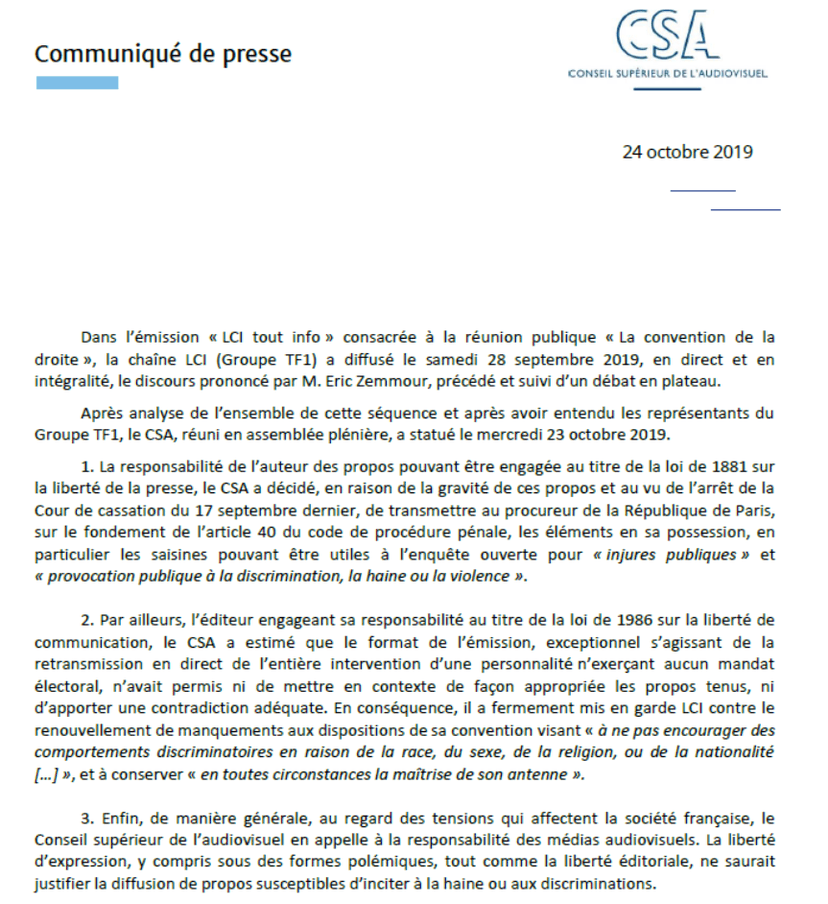 Le CSA a saisi le procureur suite au discours raciste