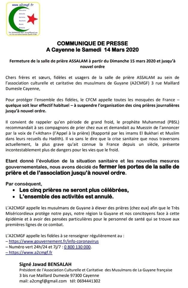 14 Mars fermeture de la salle de prière ASSALAM