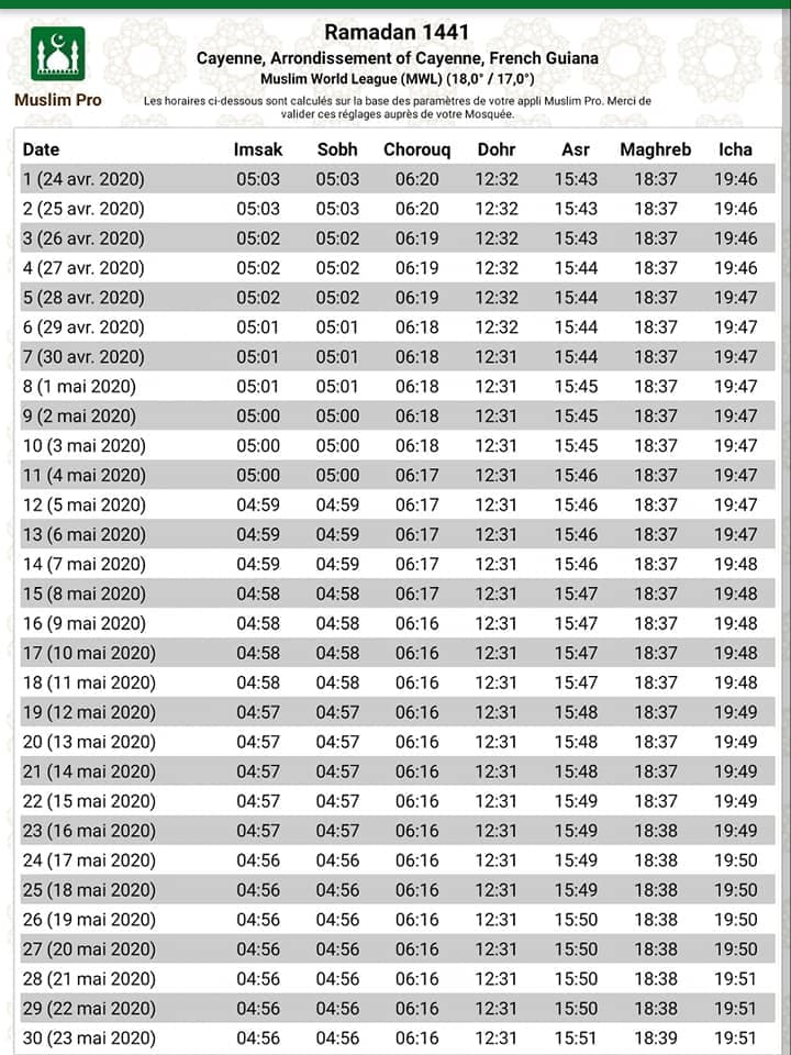 Horaires de prière et rupture du jeûne mois de RAMADAN inchaallah pour les principales communes de la Guyane: cayenne, Matoury, Remire Montjoly, macouria, saint Georges oiyapoque, maripasoula, mana, kourou et saint Laurent du maroni