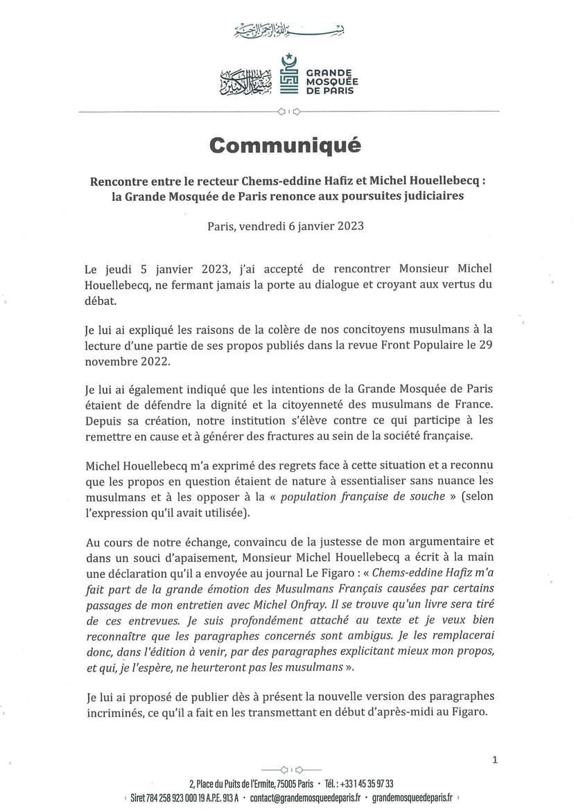 Mosquée de Paris renonce à sa plainte contre Mr Houellebecq