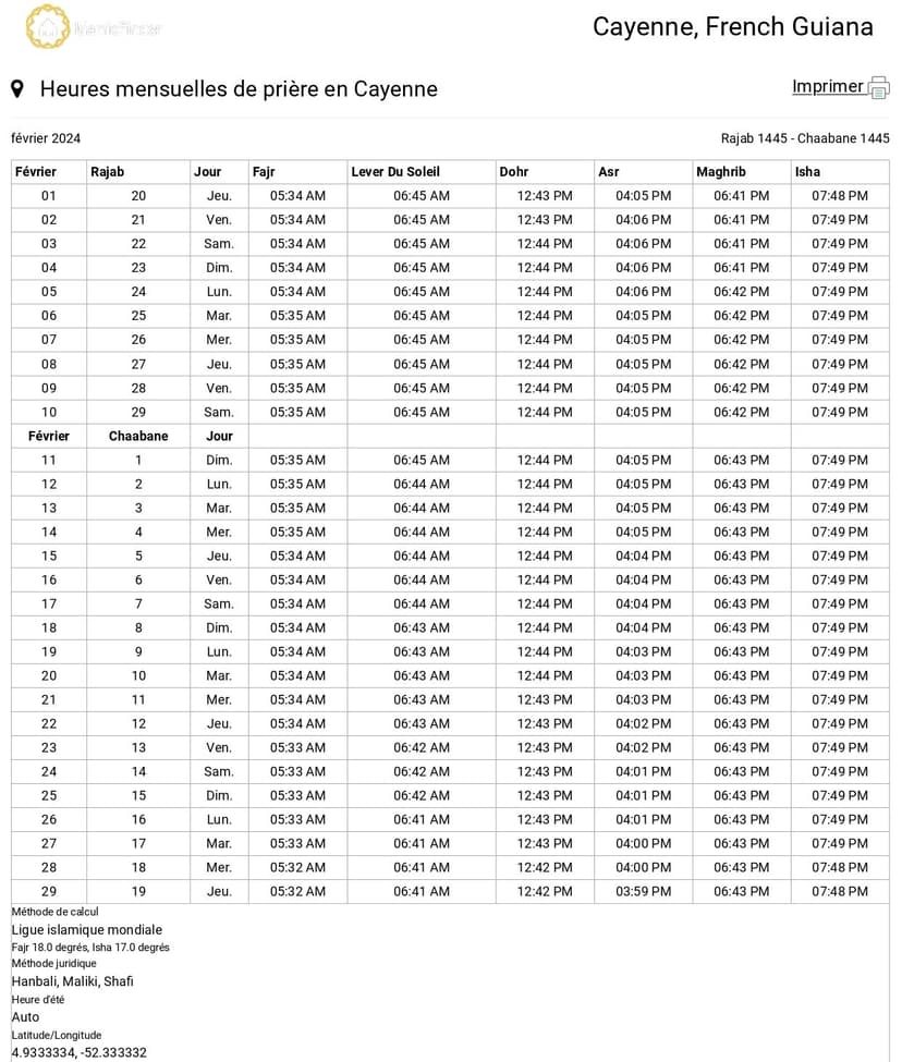Horaires de Prières février 2024 Cayenne