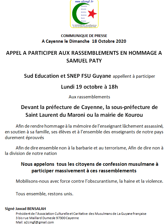 APPEL A PARTICIPER AUX RASSEMBLEMENTS EN HOMMAGE A SAMUEL PATY