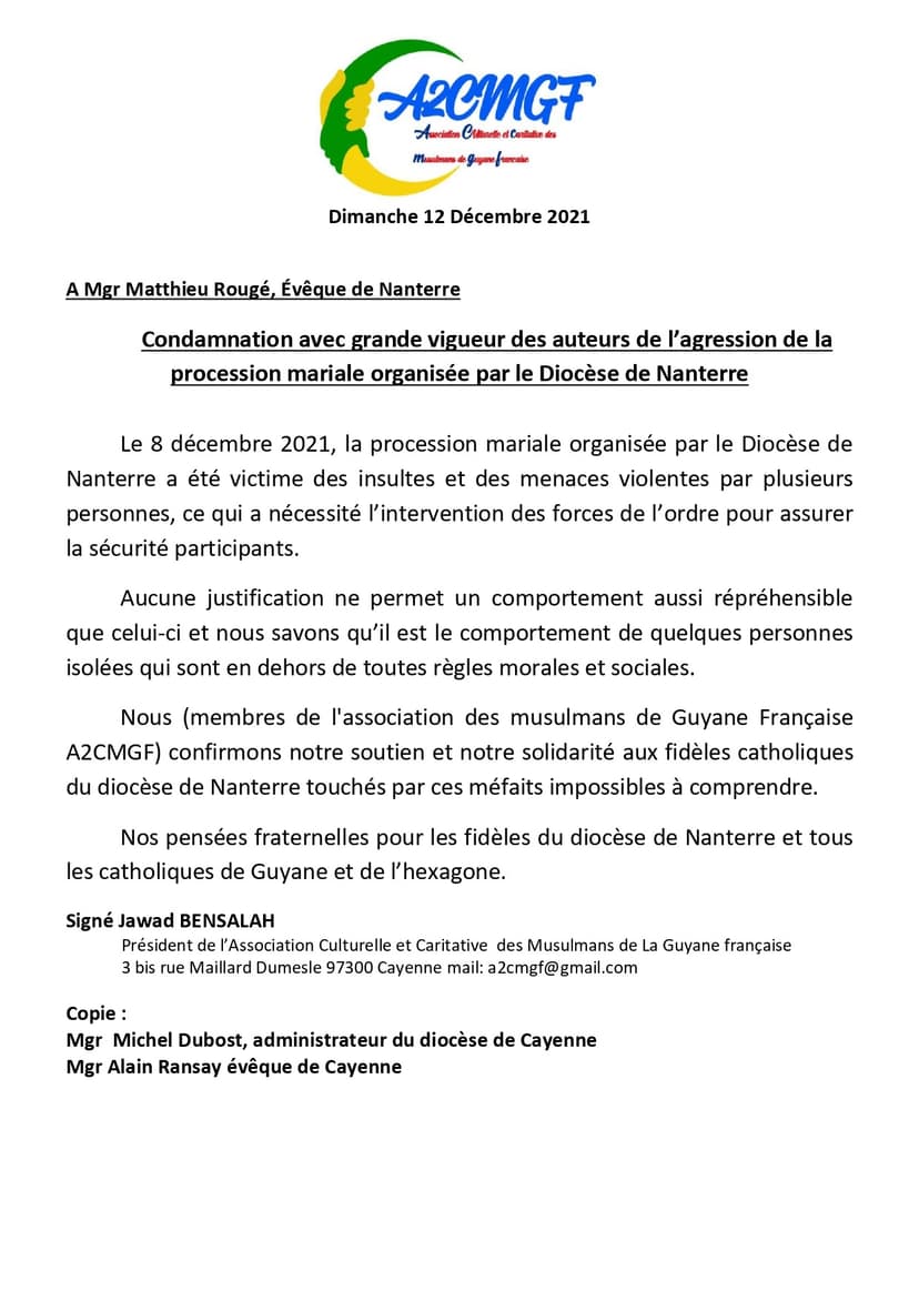 Condamnation de l’agression de la procession organisée par le Diocèse de Nanterre