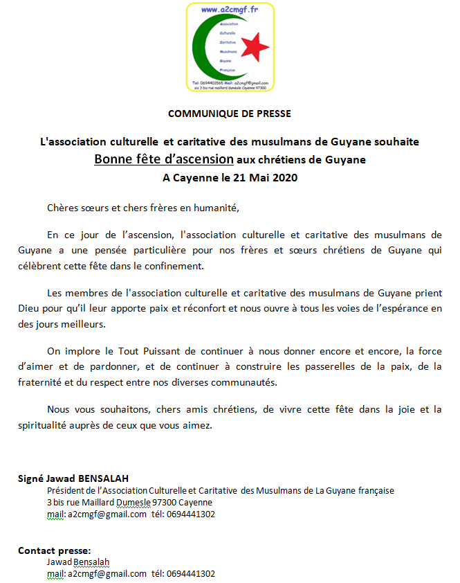 L’association des musulmans de Guyane (A2CMGF) souhaite une Bonne fête d’ascension aux chrétiens de Guyane